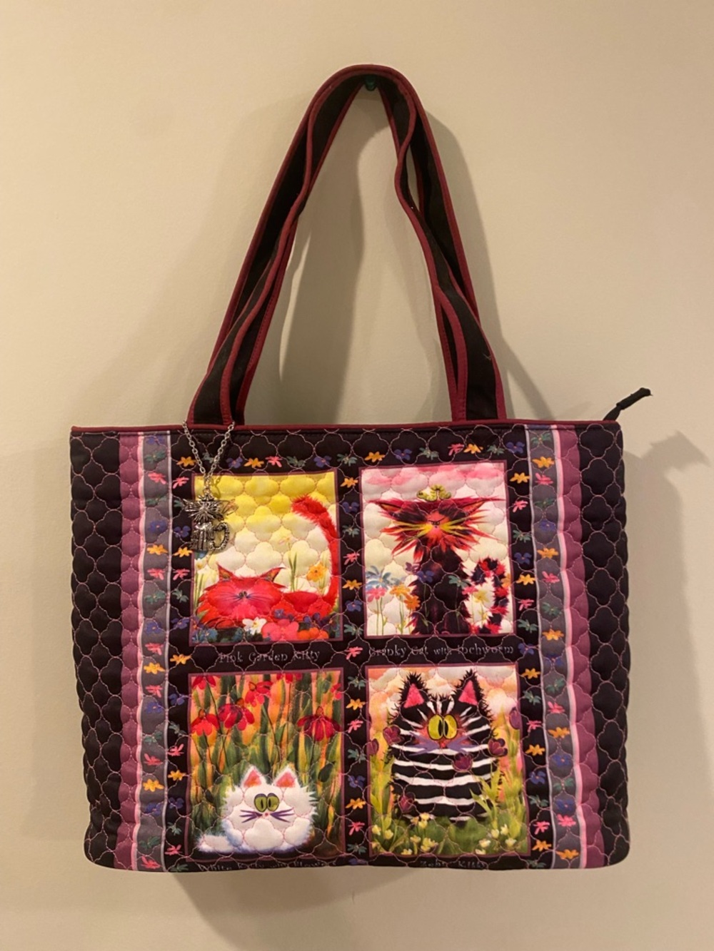 Vintage Bradford Exchange Quilted Cat Patchwork Tote Bag with original cat charm